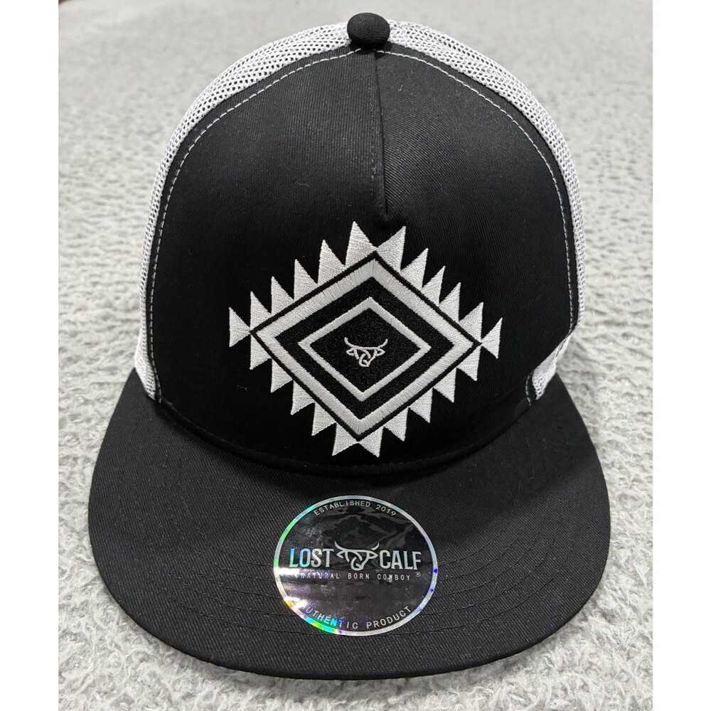 Lost Calf Hat Cap Snap Back Mens Black White Mesh Trucker Western Aztec Cowboy